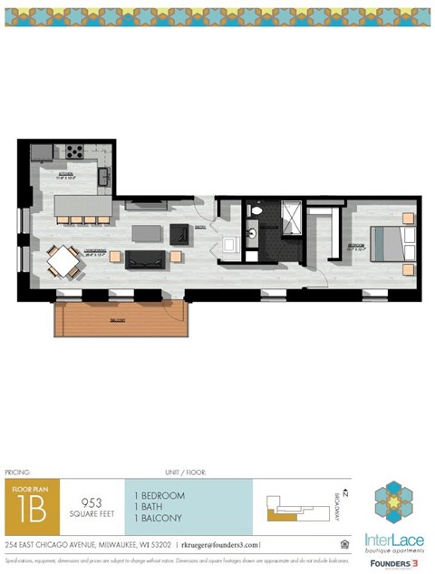 Floor plan for 1 bed, 1 bath, 953 sqft